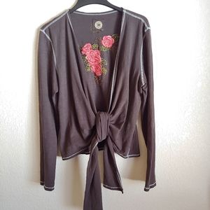DD Ranchwear Women's Brown Tie-Front Top with Floral Embroidery